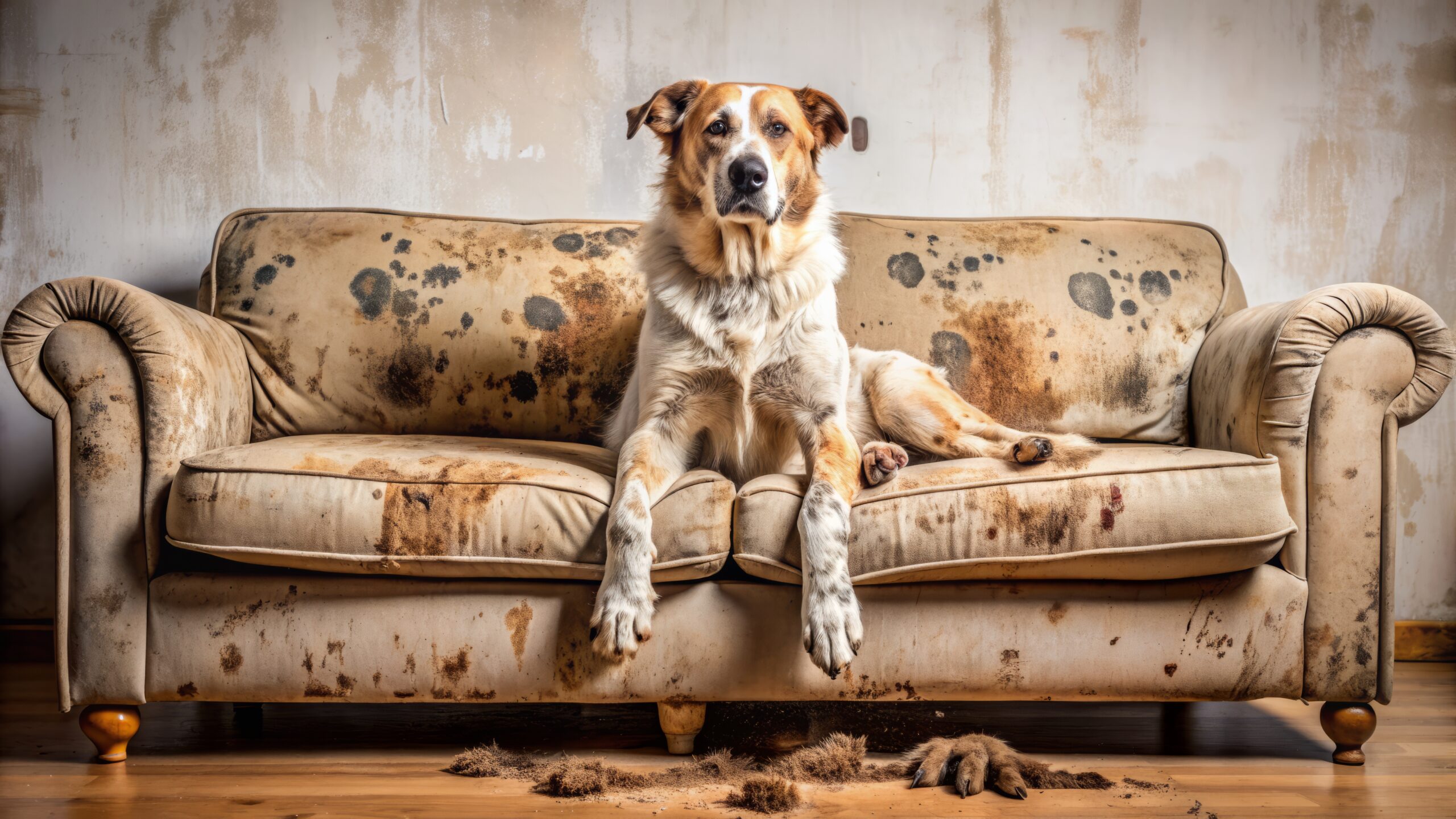 Mischievous canine, smeared in mud, slumps on once-pristine sofa, now tainted with dirty paw prints and muddy residue. Mischievous canine, smeared in mud, slumps on once-pristine sofa, now tainted with dirty paw prints and muddy residue.